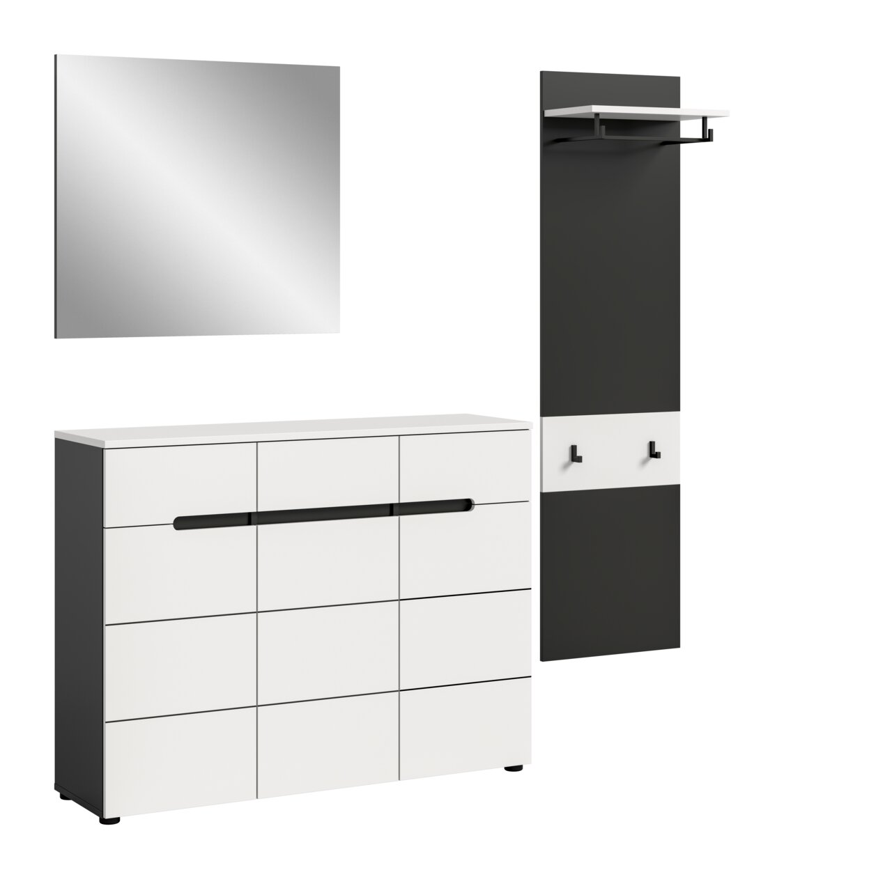 Modernes Flur-Garderoben-Set in Schwarz-Weiß mit Spiegel, Schuhkommode und Garderobenpaneel mit Ablage und Haken, dargestellt in frontaler Ansicht mit leichter Perspektive