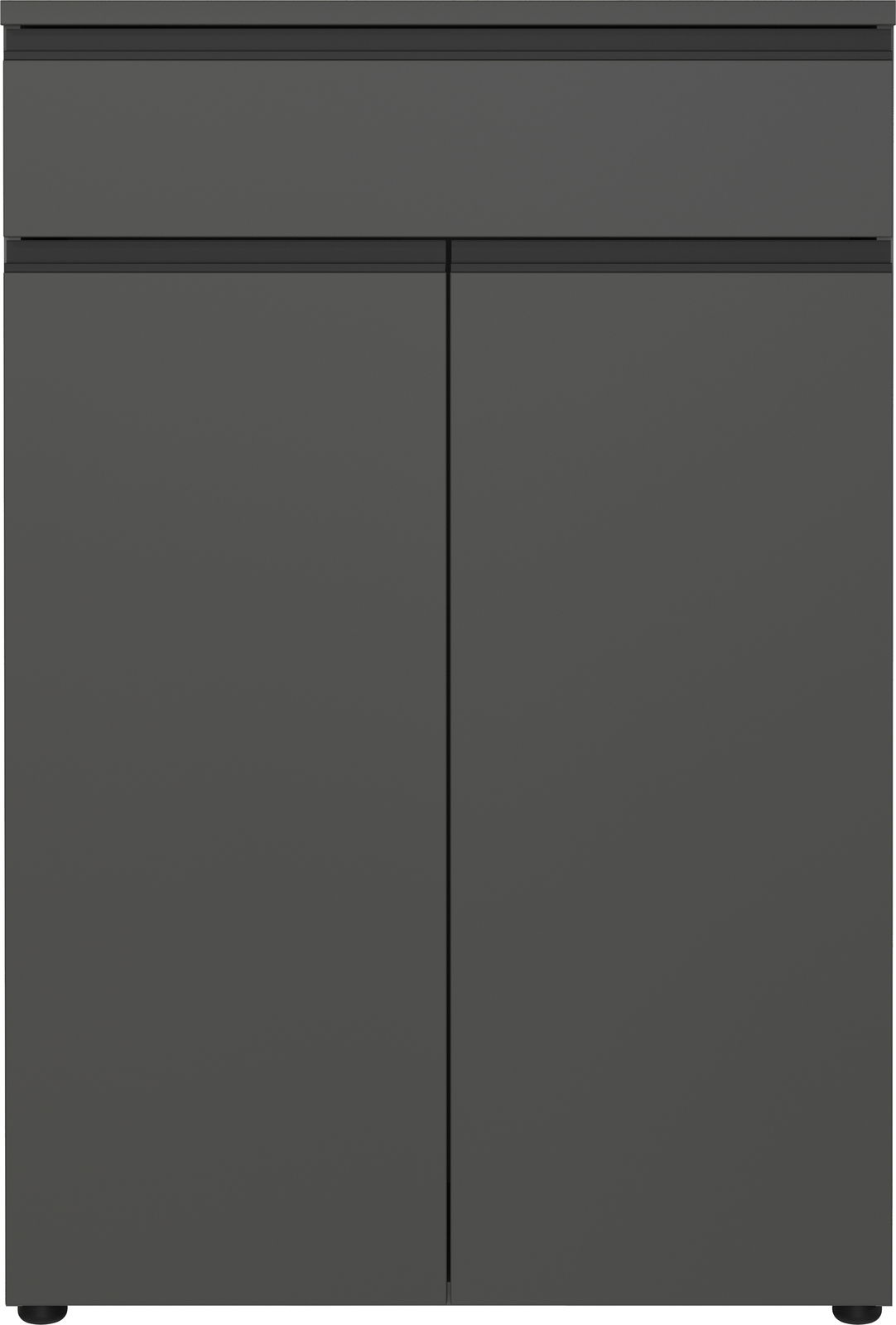 Moderner, grauer Aktenschrank mit zwei Türen und einer Schublade, Frontalansicht