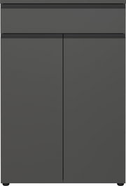 Moderner, grauer Aktenschrank mit zwei Türen und einer Schublade, Frontalansicht