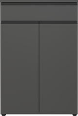Moderner, grauer Aktenschrank mit zwei Türen und einer Schublade, Frontalansicht
