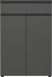 Moderner, grauer Aktenschrank mit zwei Türen und einer Schublade, Frontalansicht