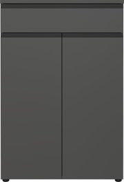 Moderner, grauer Aktenschrank mit zwei Türen und einer Schublade, Frontalansicht