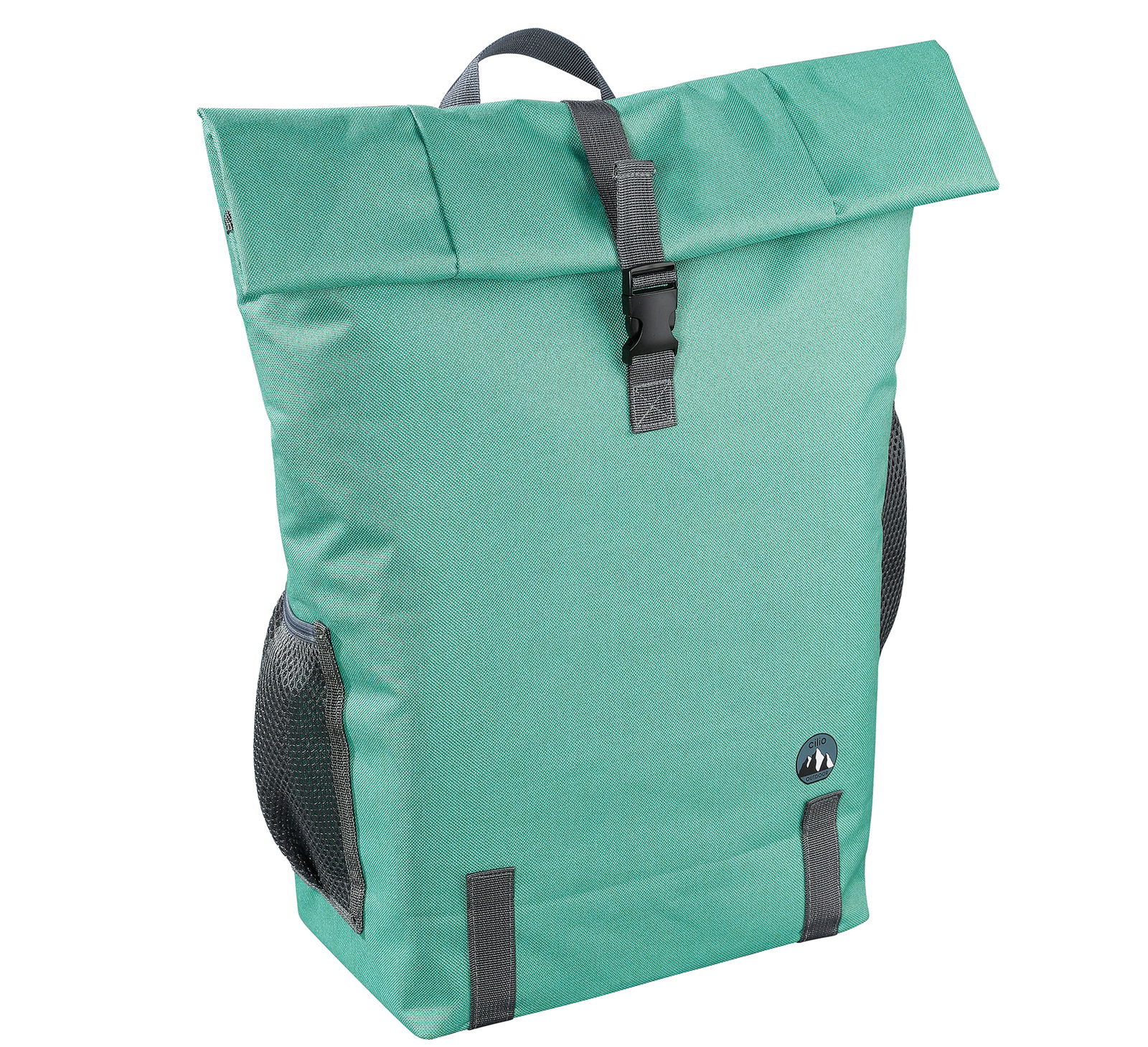 Rucksack GIRO 18 L in petrol, Vorderansicht mit Rolltop-Verschluss und seitlichen Netztaschen