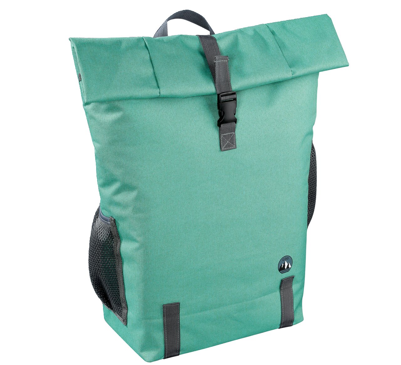 Rucksack GIRO 18 L in petrol, Vorderansicht mit Rolltop-Verschluss und seitlichen Netztaschen