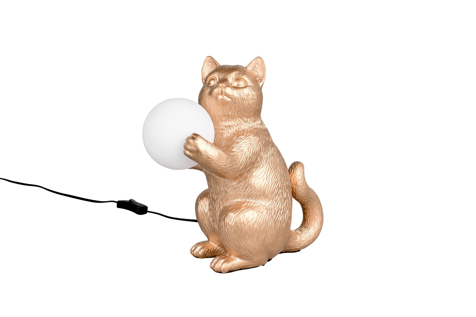 Goldene Tischleuchte in Form einer sitzenden Katze, die eine weiße Kugel hält, seitliche Perspektive.