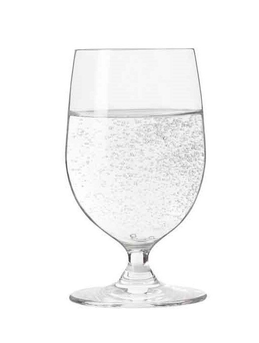 Wasserglas Ciao mit 300ml Fassungsvermögen, gefüllt mit sprudelndem Wasser, seitliche Ansicht