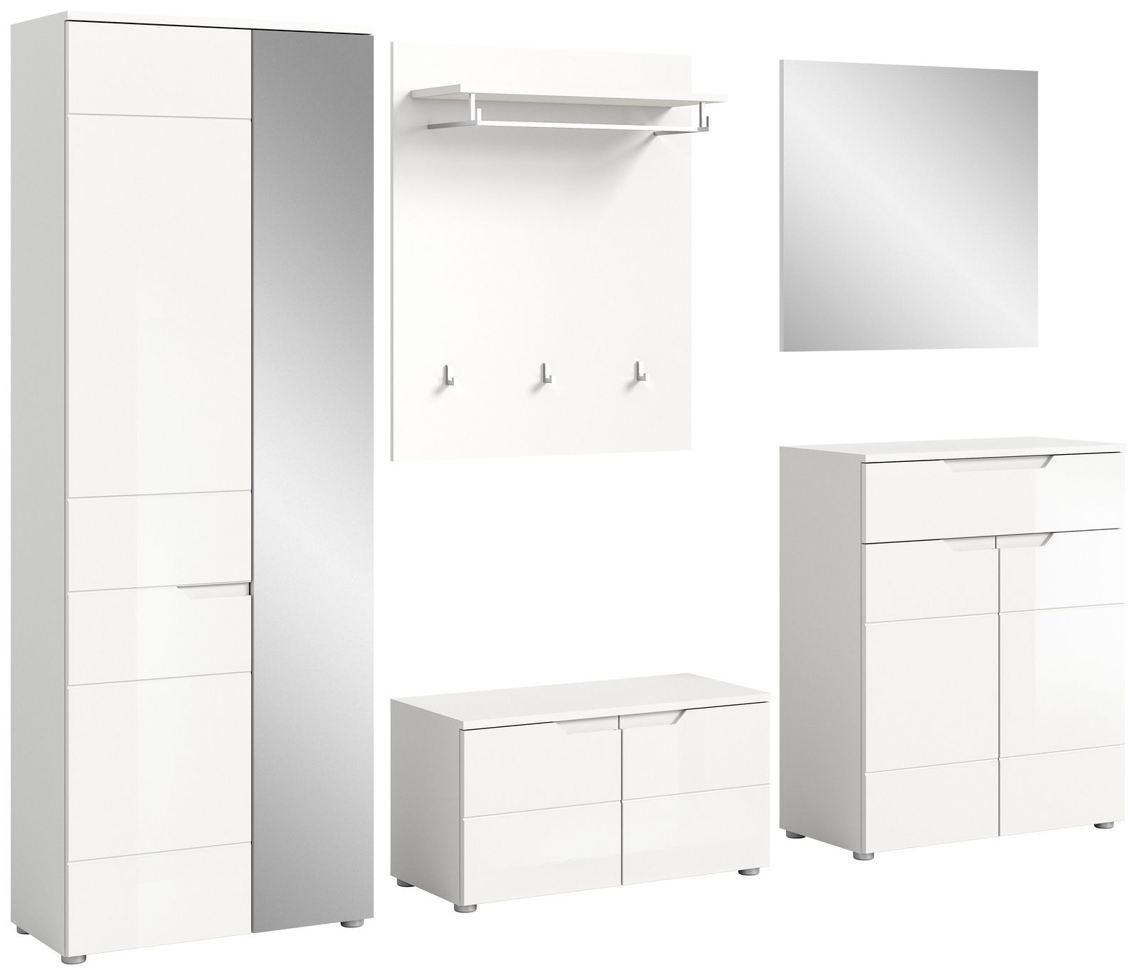 MID.YOU Garderobenkombination HILTON Garderobenkombination in Weiß mit Spiegel, bestehend aus einem hohen Schrank, einer Wandgarderobe mit Haken, einem Spiegel, einer Kommode und einer Sitzbank. Frontalansicht.