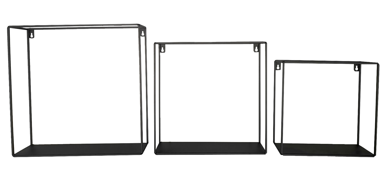 Dreiteiliges Wandregal-Set aus schwarzem Metall in frontaler Ansicht