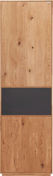 Garderobenschrank aus Holz mit natürlicher Maserung und dunklem Akzent, Frontalansicht