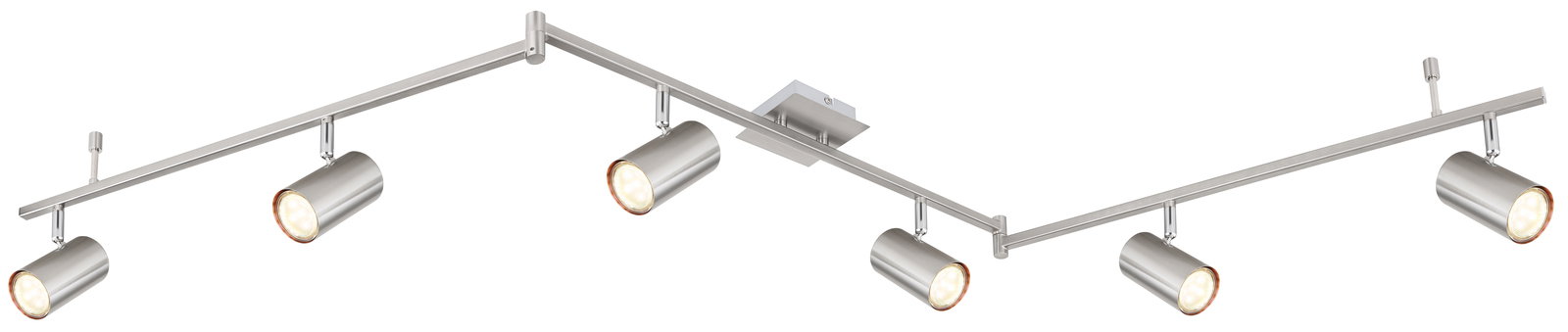 Moderner Strahler mit sechs zylinderförmigen Leuchten in gebürstetem Metall, seitliche Perspektive.