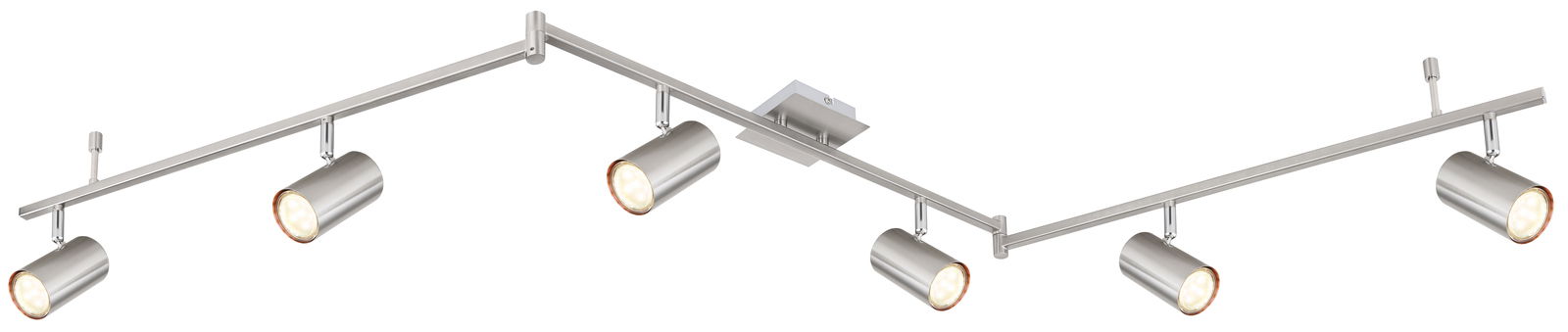 Moderner Strahler mit sechs zylinderförmigen Leuchten in gebürstetem Metall, seitliche Perspektive.