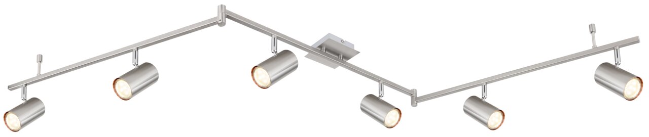 Moderne spot met zes cilindervormige lampen van geborsteld metaal, zijaanzicht.
