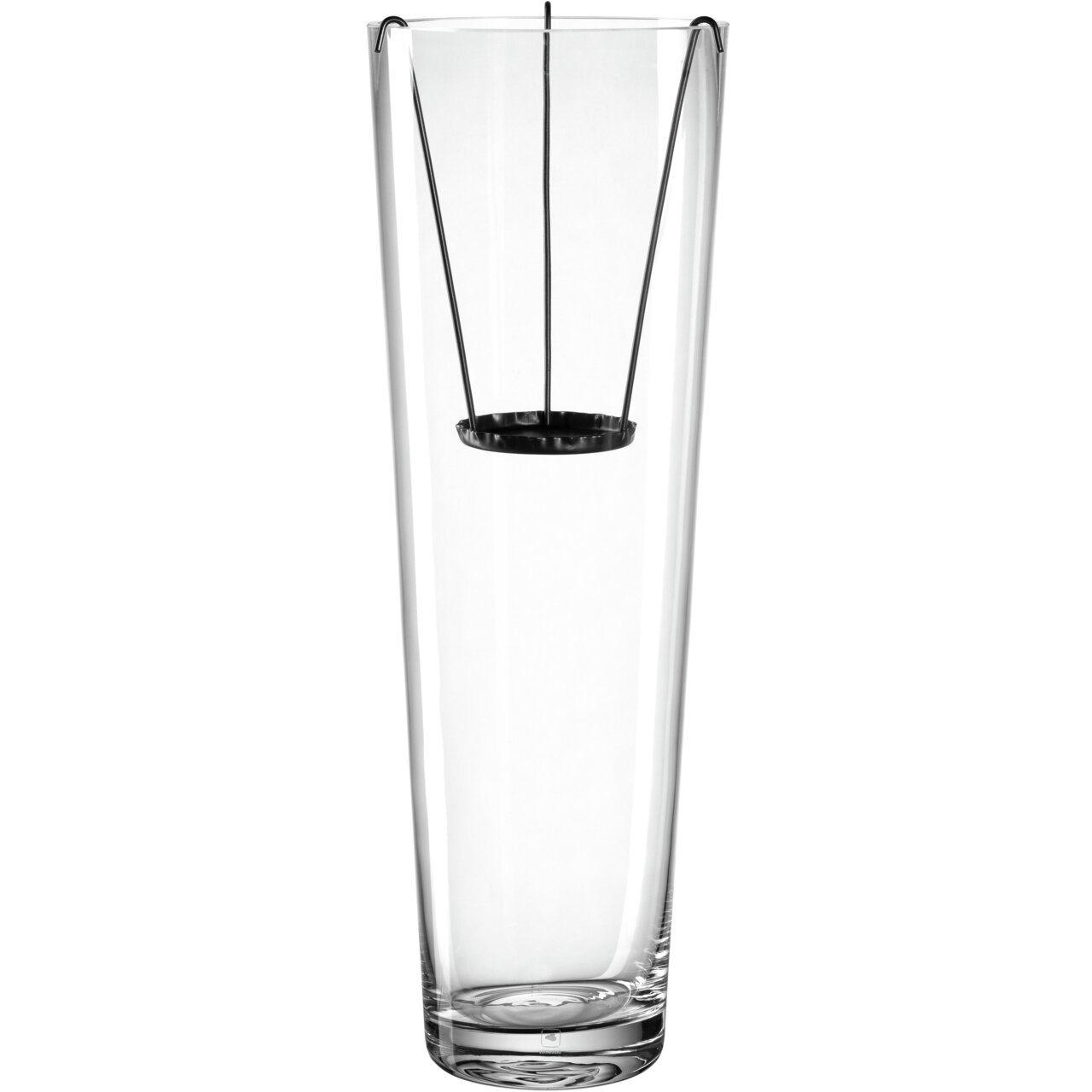 Hohe, schlanke Glasvase mit Kerzeneinsatz, frontal abgebildet.