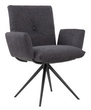 Grauer Armlehnstuhl mit schwarzem Metallgestell, seitliche Perspektive