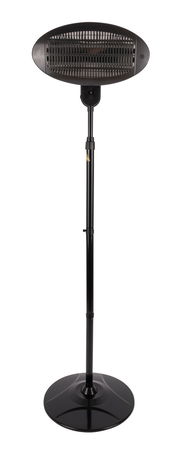 Quarz-Infrarot-Standheizstrahler in schwarzer Farbe, frontal abgebildet, mit einem stabilen Standfuß und verstellbarem Stativ.