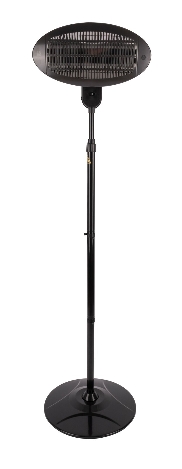 Quarz-Infrarot-Standheizstrahler in schwarzer Farbe, frontal abgebildet, mit einem stabilen Standfuß und verstellbarem Stativ.