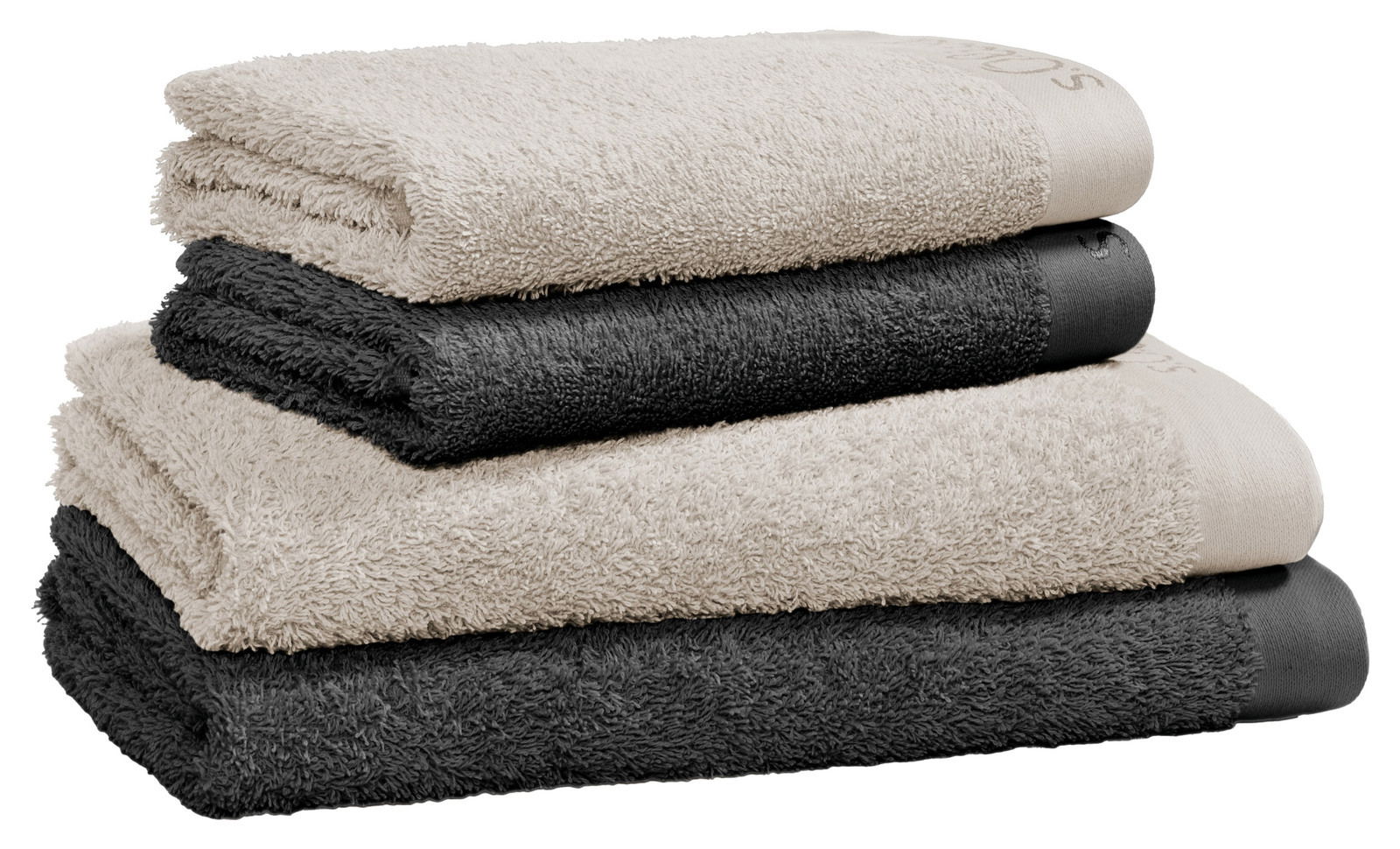 Stapel von vier Frottierhandtüchern in Beige und Dunkelgrau, seitliche Perspektive