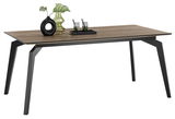 Moderner Esstisch 180x90 cm mit Holzplatte und schwarzen Metallbeinen, seitliche Perspektive