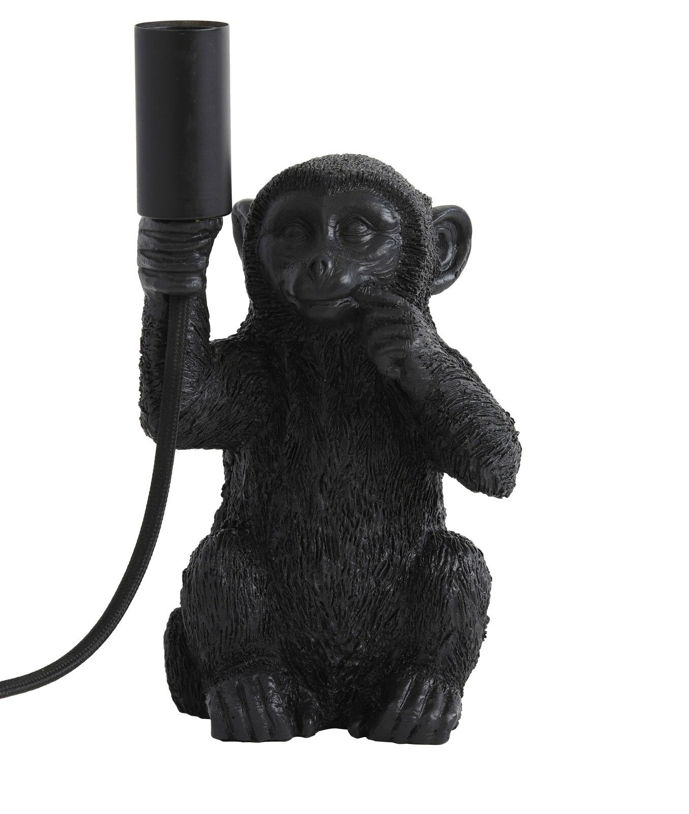 Light&Living Tischleuchte MONKEY Schwarze Tischleuchte in Form eines sitzenden Affen, der eine Lampenfassung in der Hand hält. Frontalansicht.