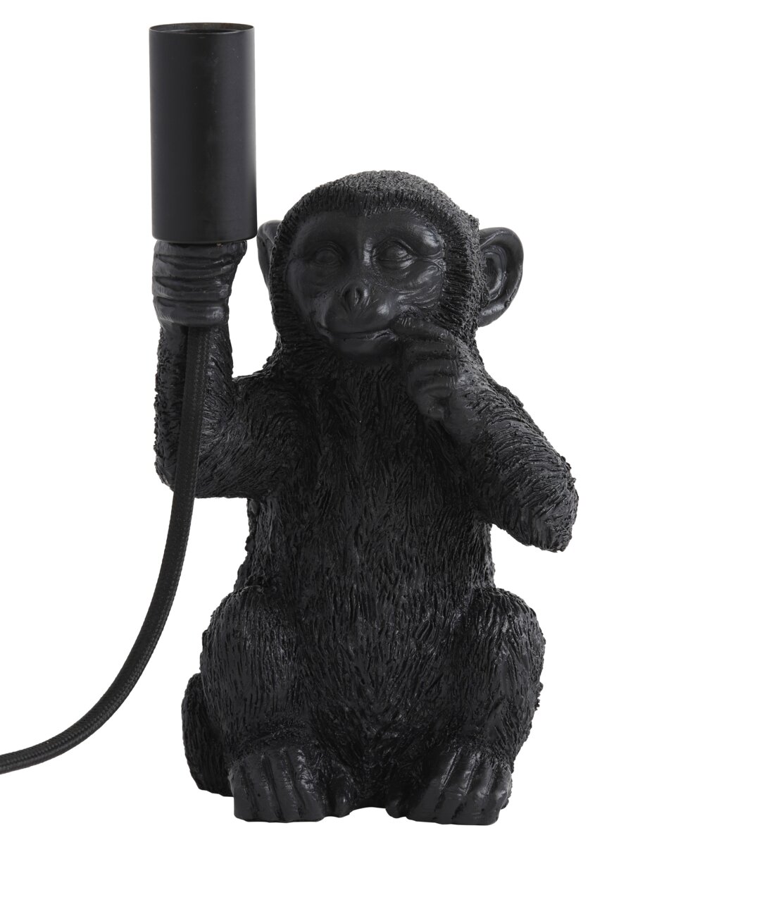 Light&Living Tischleuchte MONKEY Schwarze Tischleuchte in Form eines sitzenden Affen, der eine Lampenfassung in der Hand hält. Frontalansicht.