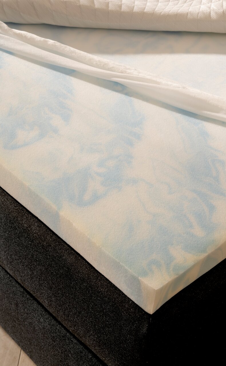 Nahaufnahme eines Boxspringbetts mit einer Schicht aus hellblauem Schaumstoff und einem weißen Bezug, von oben betrachtet.