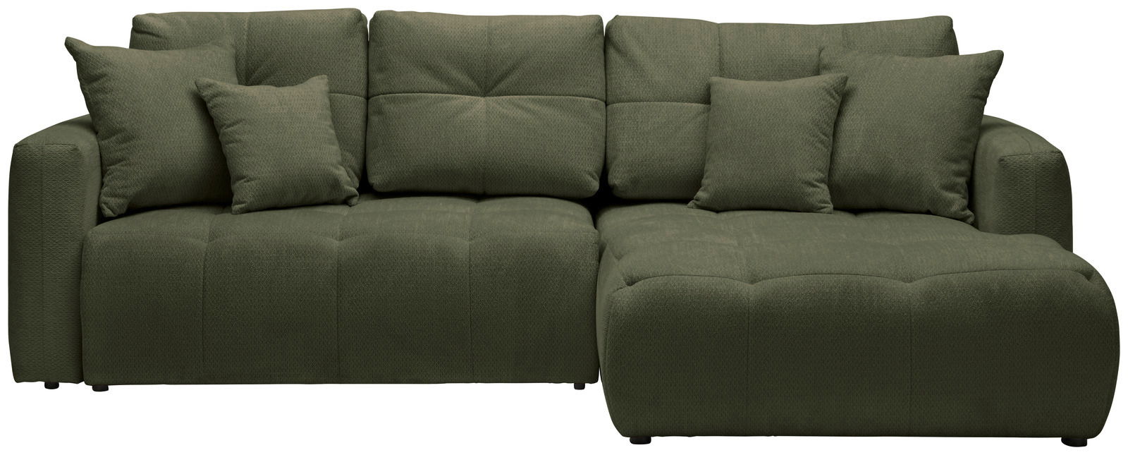 Grünes Ecksofa mit mehreren Kissen, Vorderansicht
