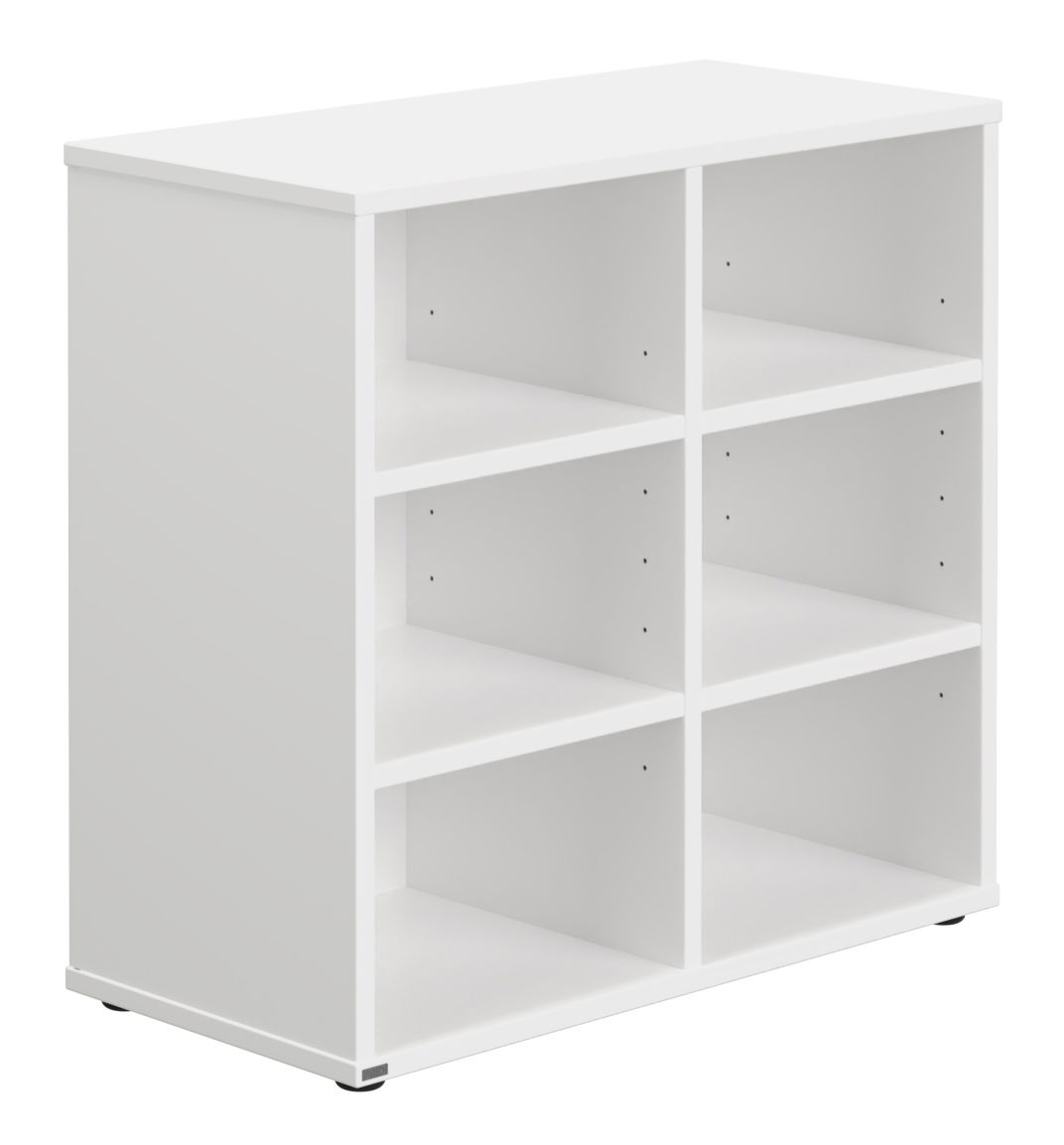 Weißes Unterstellregal mit sechs offenen Fächern, seitliche Perspektive