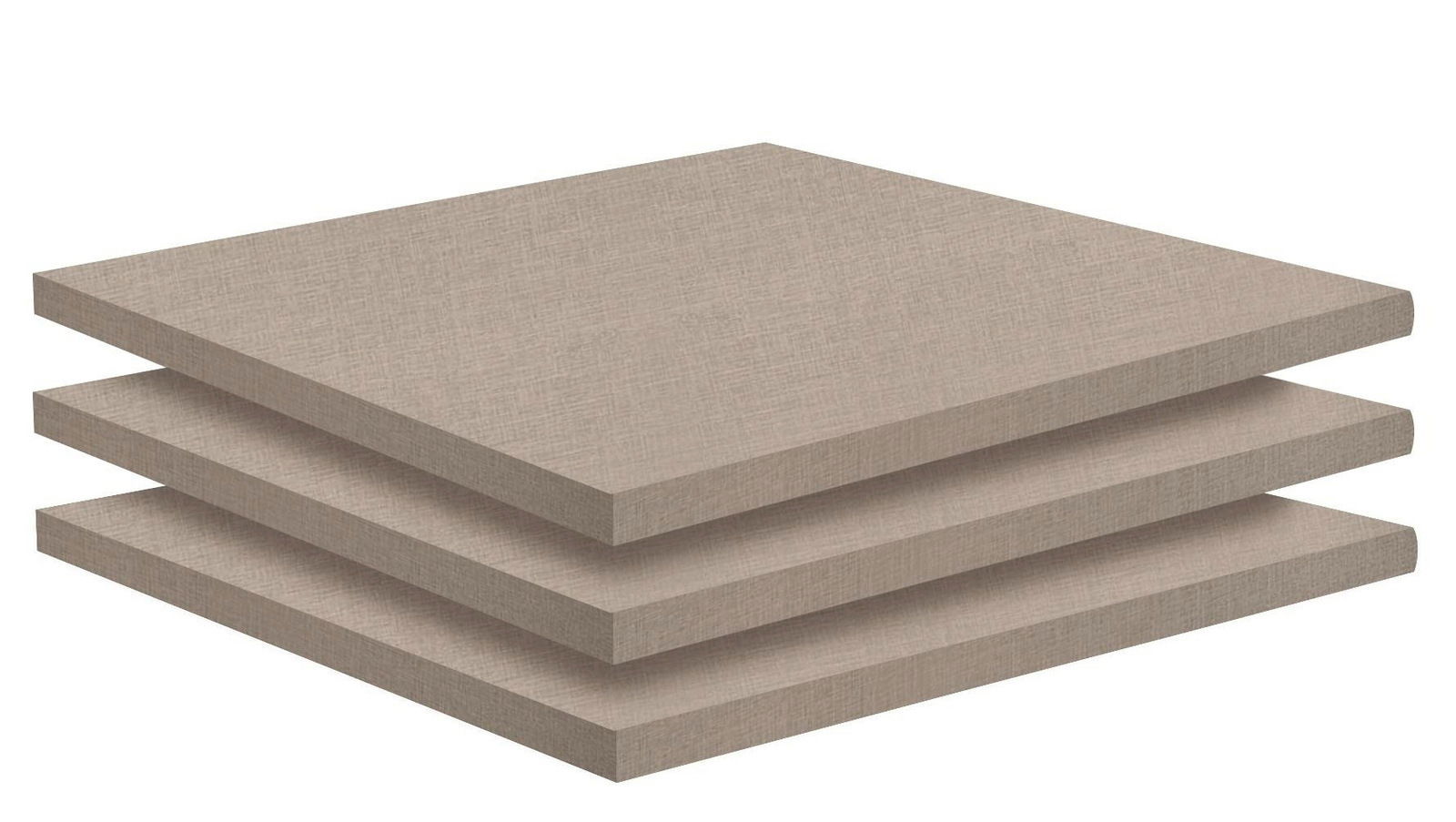 Dreier-Set von Fachböden in Holzoptik, gestapelt und aus seitlicher Perspektive gezeigt