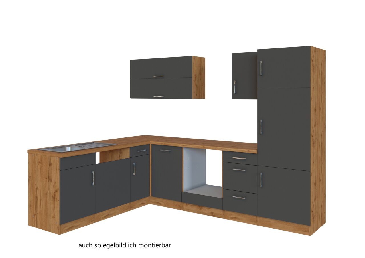 Eck-Küchenzeile in L-Form mit Holzoptik und dunklen Fronten, perspektivisch von vorne links betrachtet.