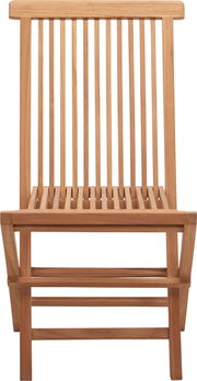 Vorderansicht eines hölzernen Klappstuhls mit vertikalen Streben.