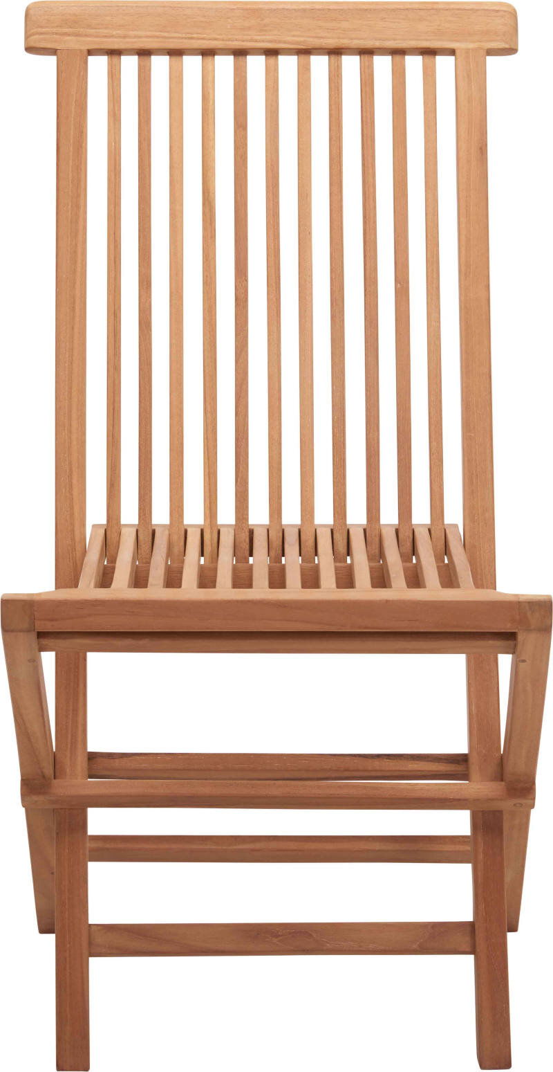 Vorderansicht eines hölzernen Klappstuhls mit vertikalen Streben.