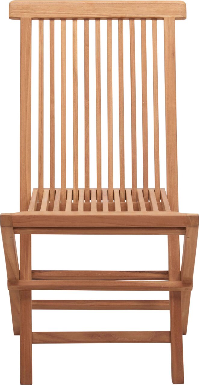 Vooraanzicht van een houten klapstoel met verticale spijlen.