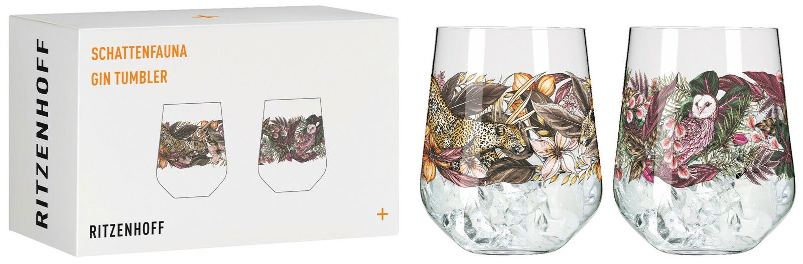 Zwei Gin Tumbler mit tropischen Tier- und Pflanzenmotiven, darunter ein Leopard und eine Eule, auf einer weißen Verpackung mit der Aufschrift 'Schattenfauna Gin Tumbler'. Perspektive: Frontalansicht.