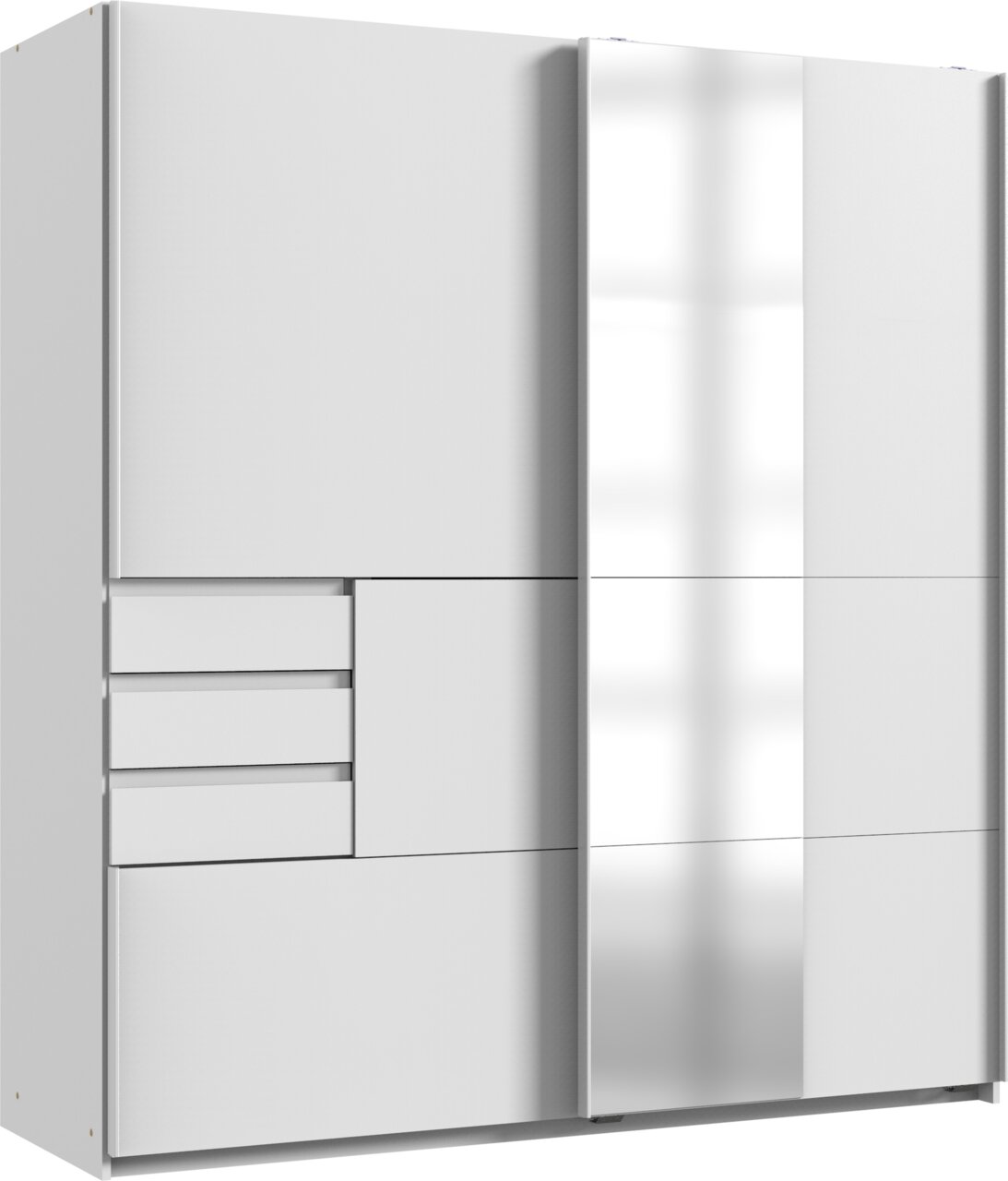 Z2 Schwebetürenschrank 2trg. BAMBERG Moderner Schwebetürenschrank mit zwei Türen, eine davon mit Spiegel, und mehreren Schubladen, seitliche Perspektive.