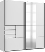 Moderner Schwebetürenschrank mit zwei Türen, eine davon mit Spiegel, und mehreren Schubladen, seitliche Perspektive.
