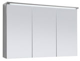 Moderner Spiegelschrank mit drei Türen und integrierter LED-Beleuchtung, seitliche Perspektive