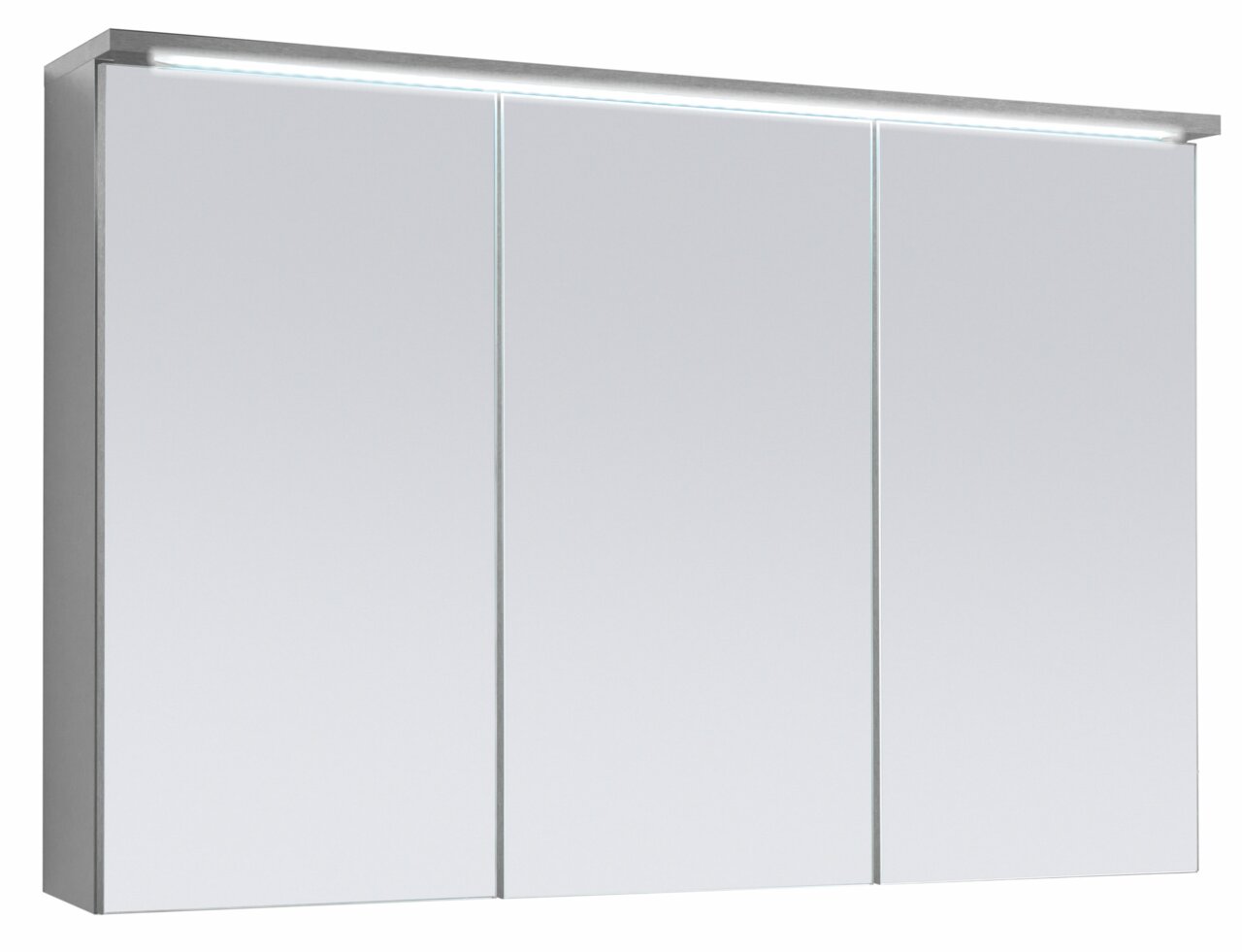 Moderner Spiegelschrank mit drei Türen und integrierter LED-Beleuchtung, seitliche Perspektive