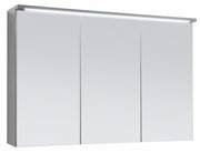 Moderner Spiegelschrank mit drei Türen und integrierter LED-Beleuchtung, seitliche Perspektive