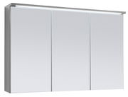 Moderner Spiegelschrank mit drei Türen und integrierter LED-Beleuchtung, seitliche Perspektive