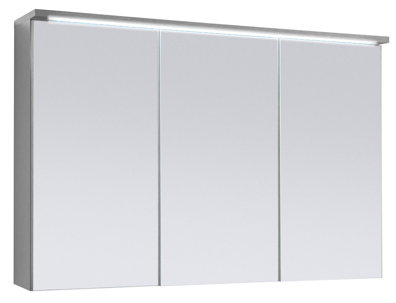Moderner Spiegelschrank mit drei Türen und integrierter LED-Beleuchtung, seitliche Perspektive