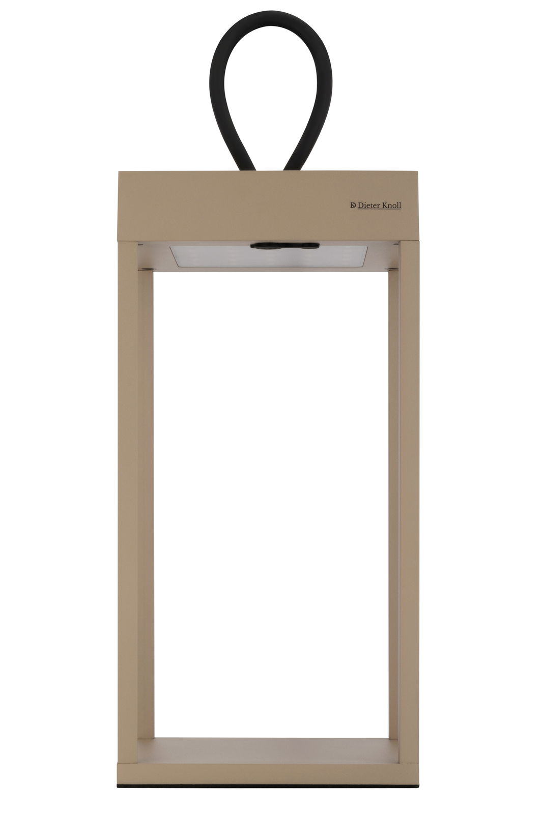 Moderne Akku-Tischleuchte in rechteckiger Form mit schwarzem Griff, frontal abgebildet.