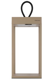 Moderne Akku-Tischleuchte in rechteckiger Form mit schwarzem Griff, frontal abgebildet.