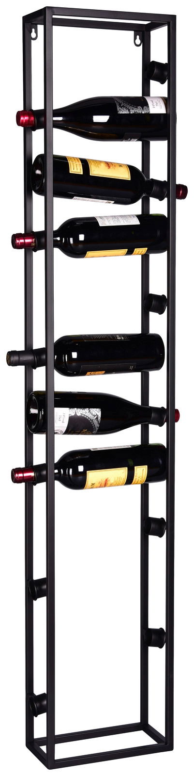 Schwarzes, vertikales Weinregal aus Metall mit seitlicher Perspektive, das mehrere Weinflaschen horizontal hält.