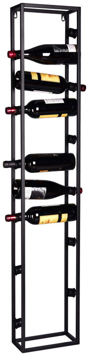 Schwarzes, vertikales Weinregal aus Metall mit seitlicher Perspektive, das mehrere Weinflaschen horizontal hält.