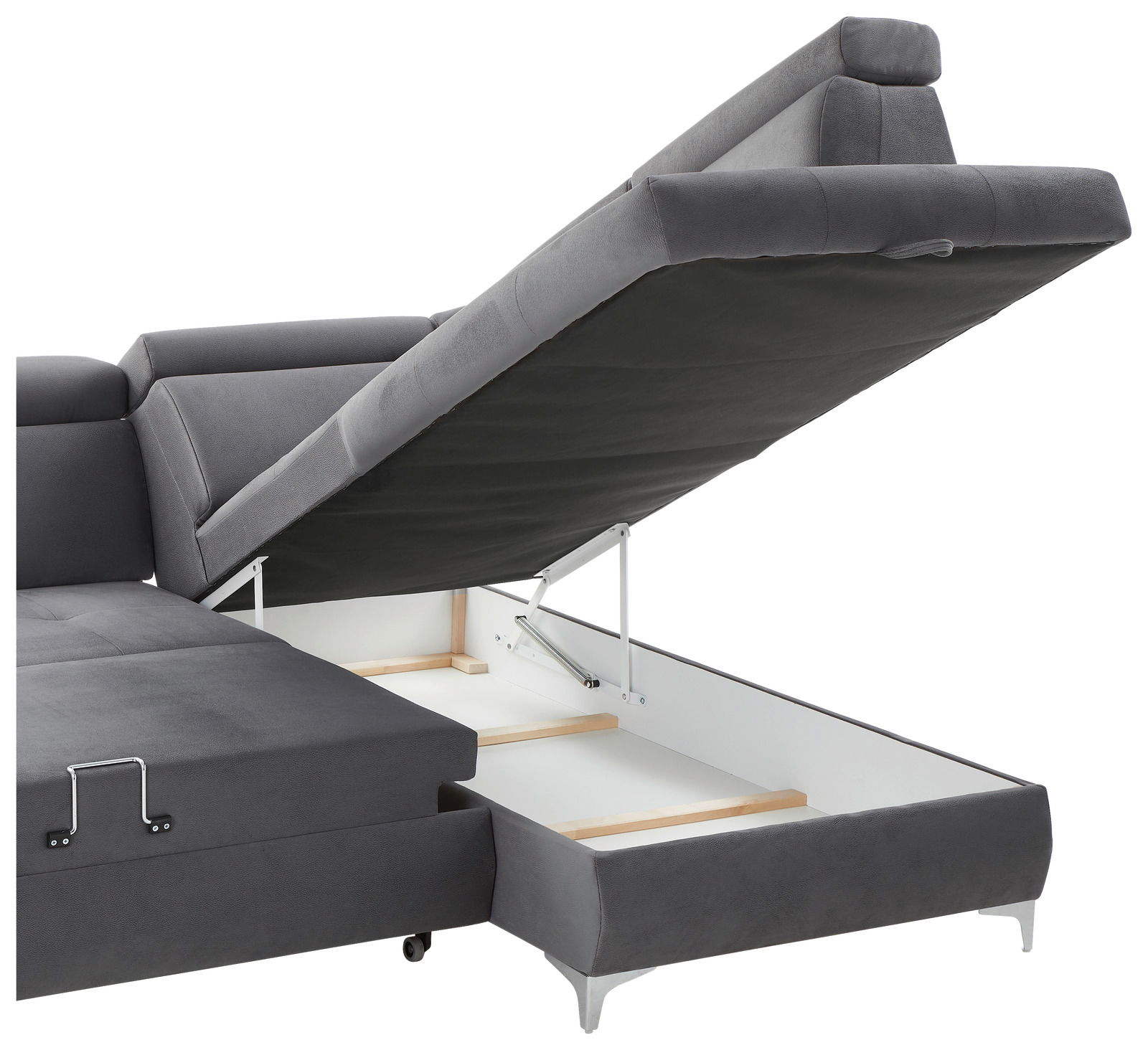 Graue Rundecke mit hochgeklappter Sitzfläche, die den Stauraum darunter zeigt. Perspektive von der Seite.