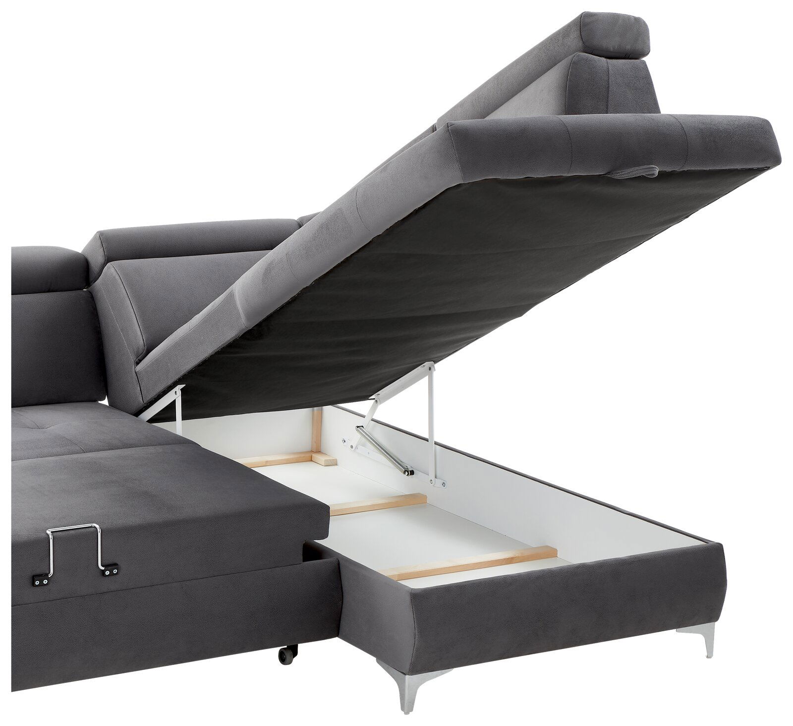 Graue Rundecke mit hochgeklappter Sitzfläche, die den Stauraum darunter zeigt. Perspektive von der Seite.