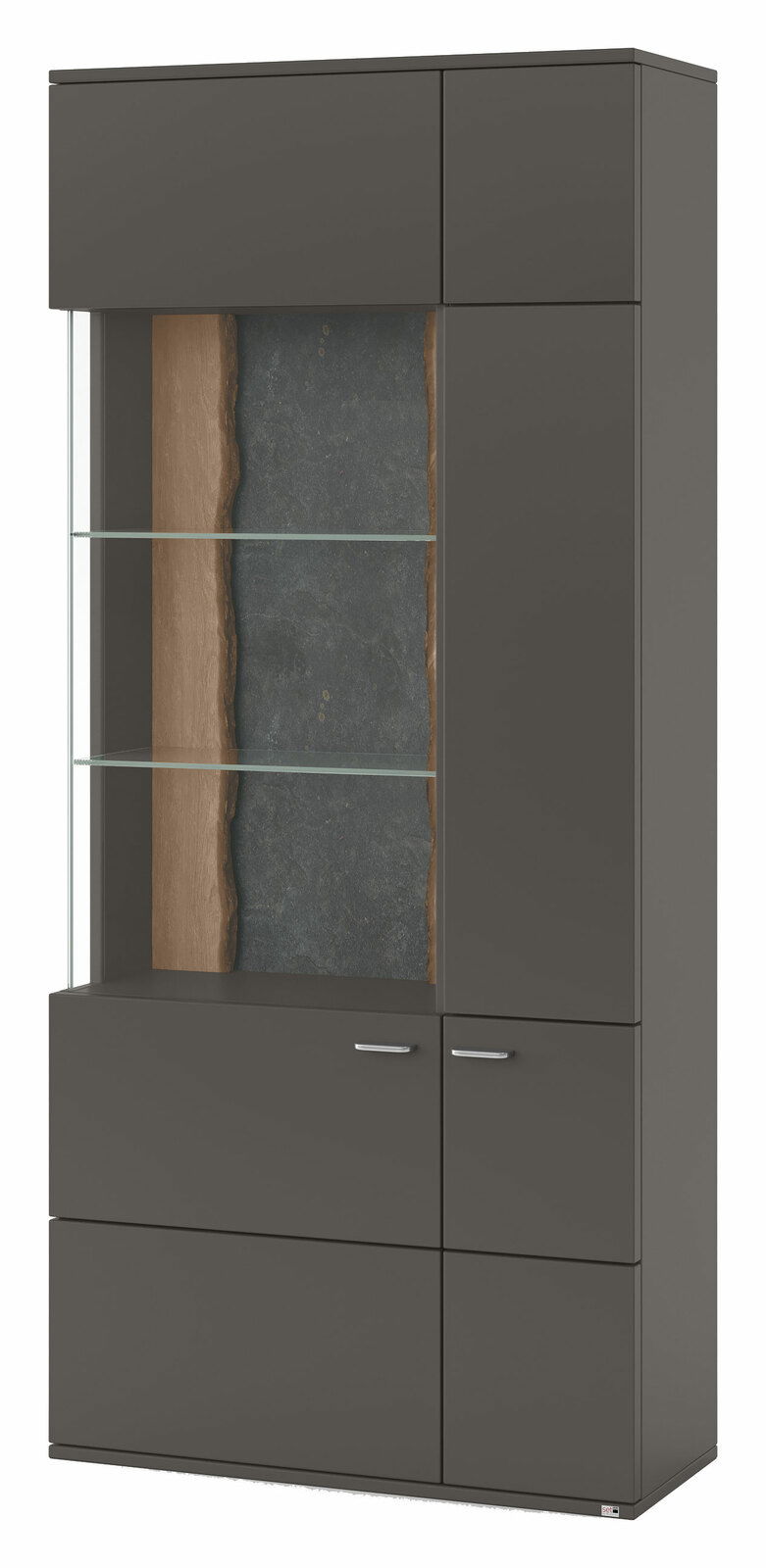 Set one by Musterring Vitrine li. TACOMA Moderne Vitrine in dunklem Holz mit Glaseinsätzen und Steinrückwand, seitliche Perspektive