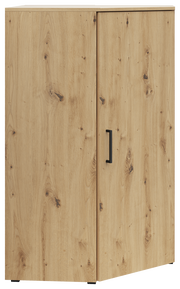 Eckkommode aus hellem Holz mit natürlicher Maserung, zwei Türen und schwarzem Griff, Frontalansicht