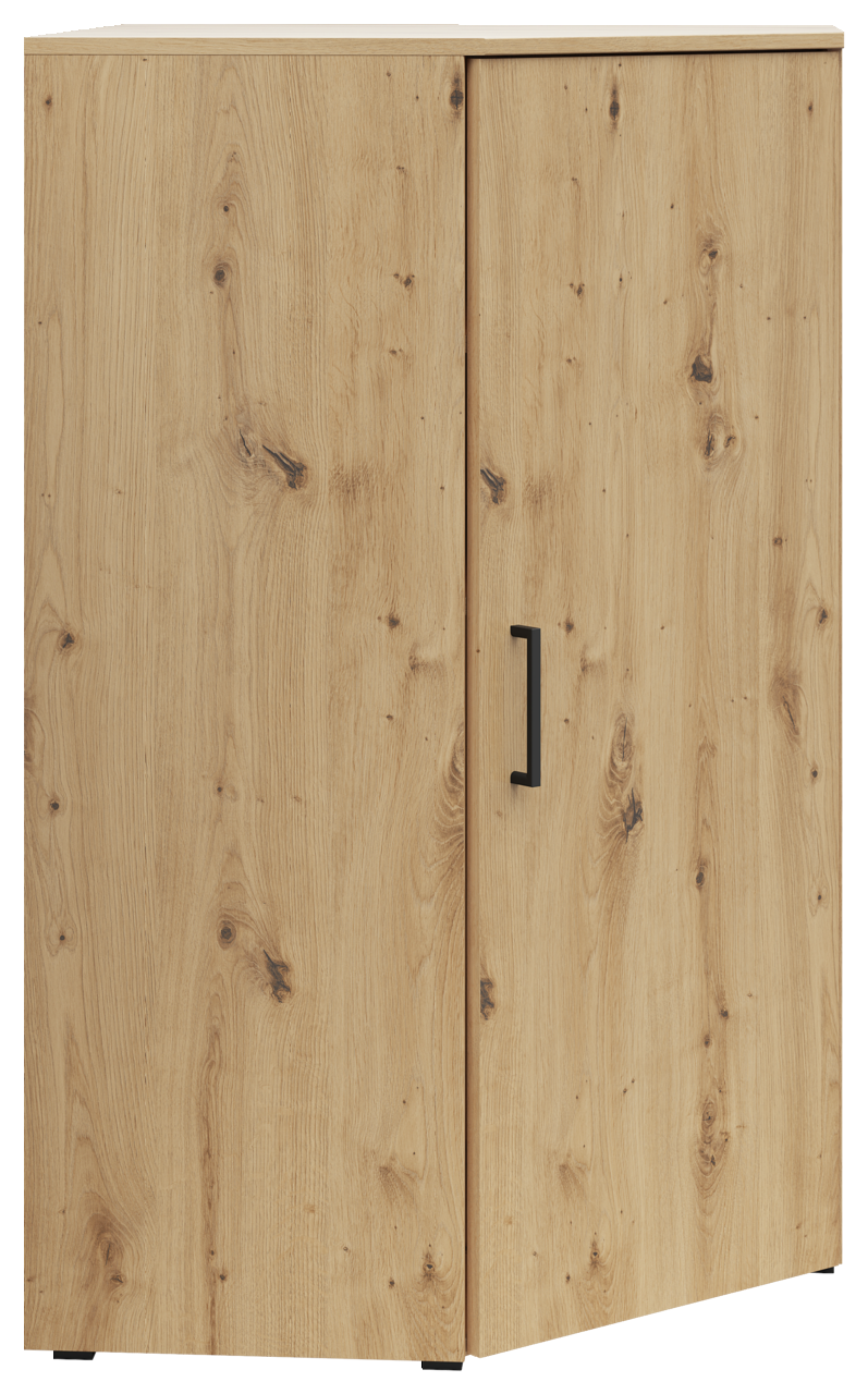 Eckkommode aus hellem Holz mit natürlicher Maserung, zwei Türen und schwarzem Griff, Frontalansicht