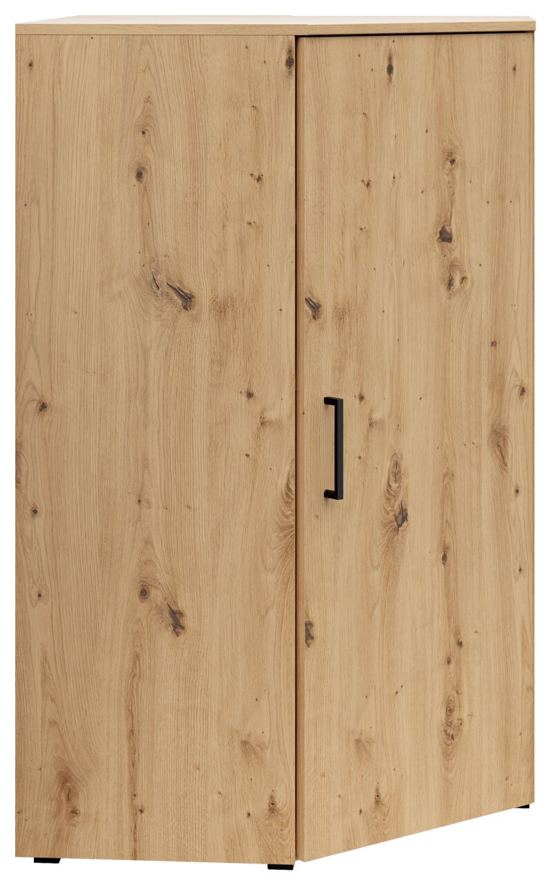Eckkommode aus hellem Holz mit natürlicher Maserung, zwei Türen und schwarzem Griff, Frontalansicht